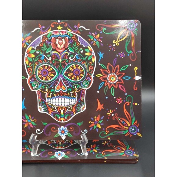 Sugar Skull Day of the Dead Cork Back Placemats Set of 4 Black Festive - Picture 6 of 8